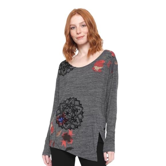 Desigual Uma Long Sleeve Asymmetrical Hem Scoop Neck Graphic Blouse Top Large - Picture 1 of 10